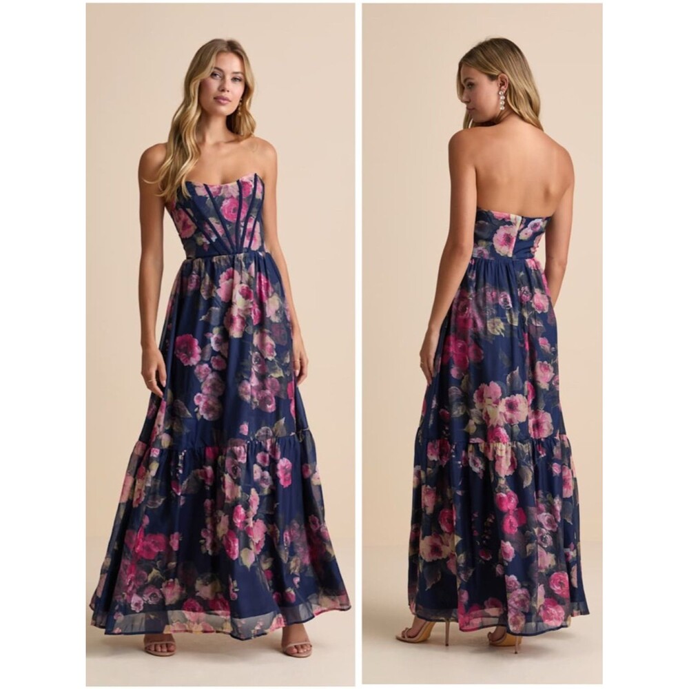 Lulus Roane Navy Floral Organza Bustier Maxi Dress Size medium Formal Wedding